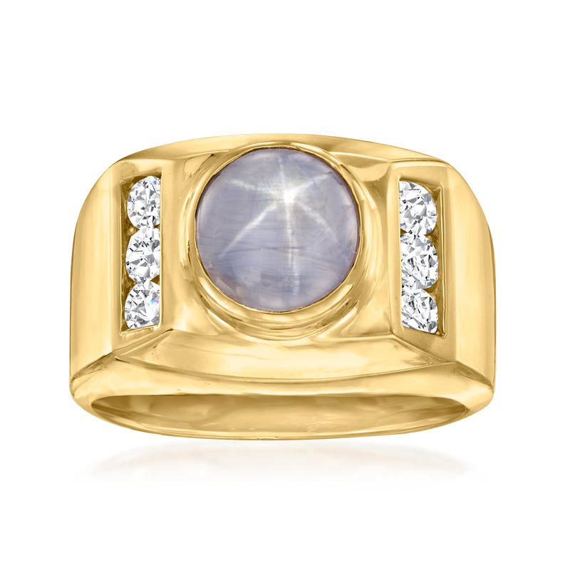 Mens 14kt yellow gold ring, lavender star sapphire with side diamond accents