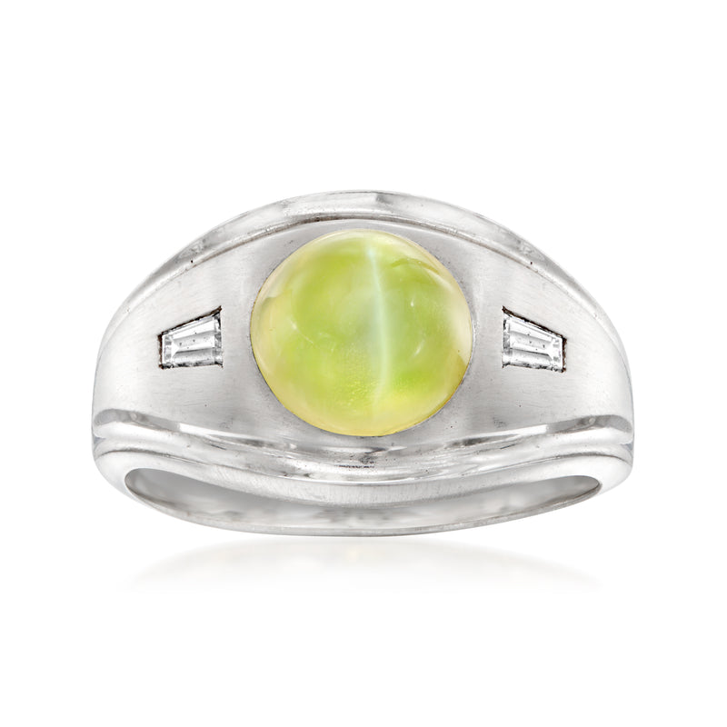 14kt white gold ring with oval green chrysoberyl cabochon and two baguette diamonds