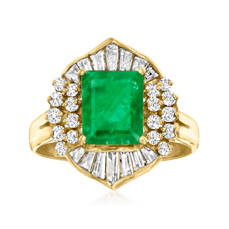 14kt yellow gold ring with square emerald center and diamond halo