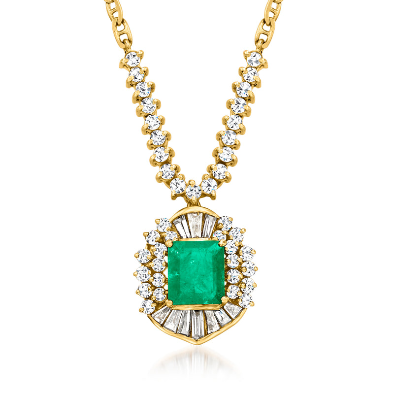 14kt yellow gold necklace with diamond halo and emerald green center pendant