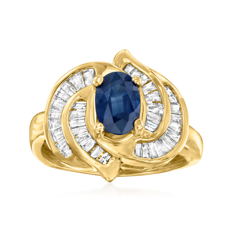 14kt yellow gold swirl ring with oval blue sapphire center and diamond accents