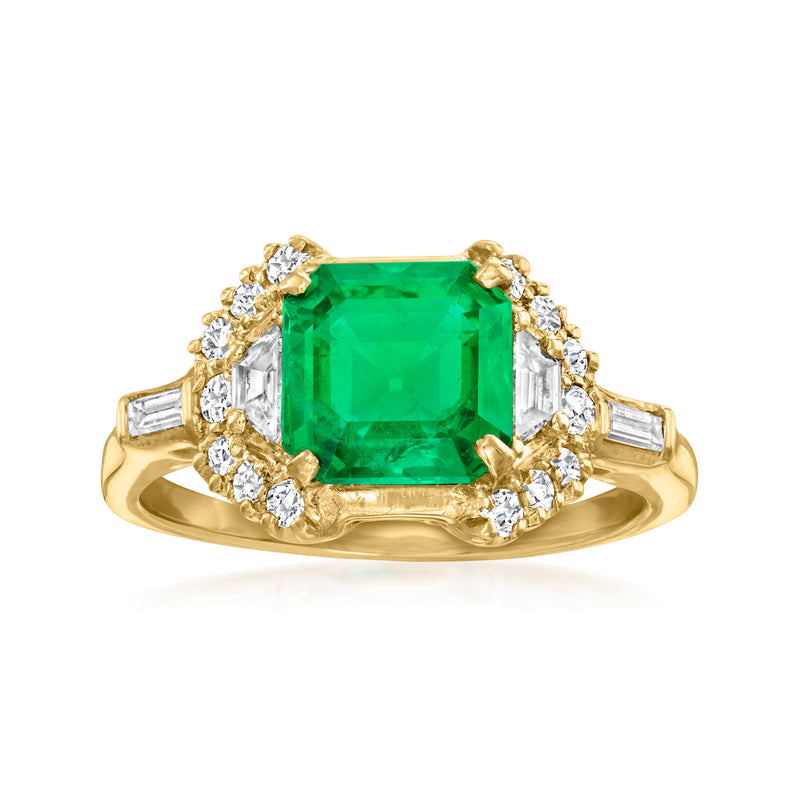 18kt yellow gold emerald-cut emerald and diamond halo ring