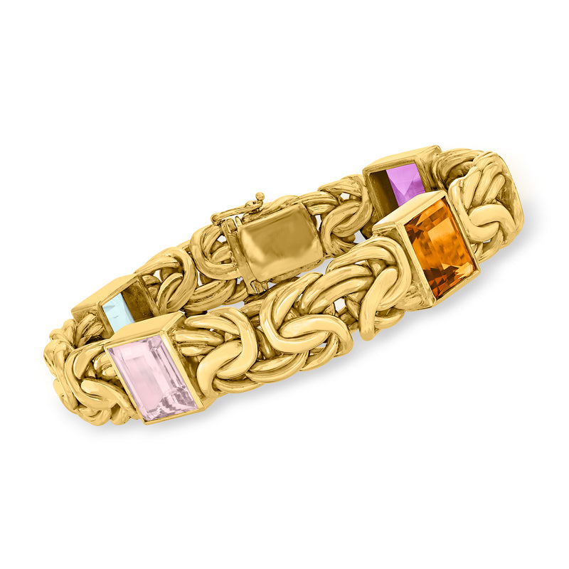 18kt yellow gold Byzantine bracelet with square-cut amethyst and orange gemstones