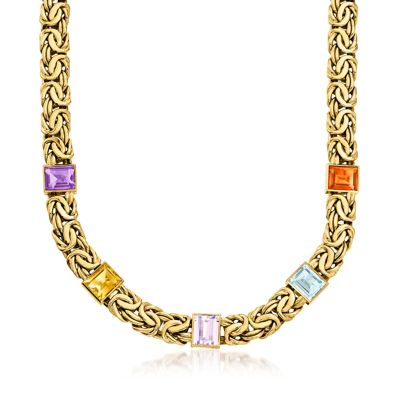 18kt yellow gold multi-gemstone Byzantine necklace with square colored stones