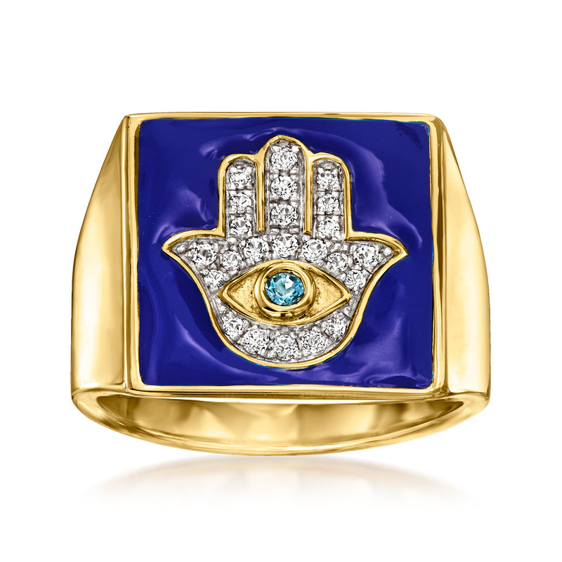 18kt gold hamsa ring with blue enamel, blue eye, and round white stones