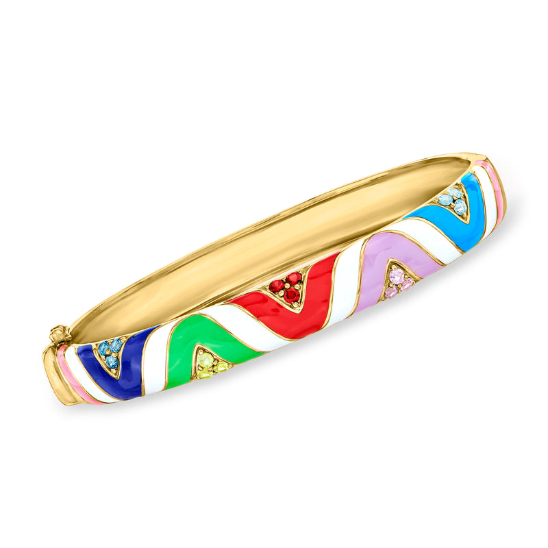 18k gold over sterling bangle bracelet with multicolored enamel and inlaid gems