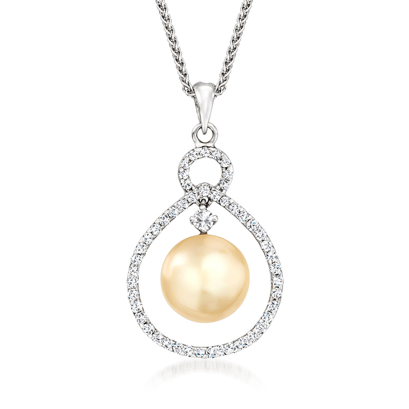 White gold pendant necklace with round golden pearl and diamond teardrop halo