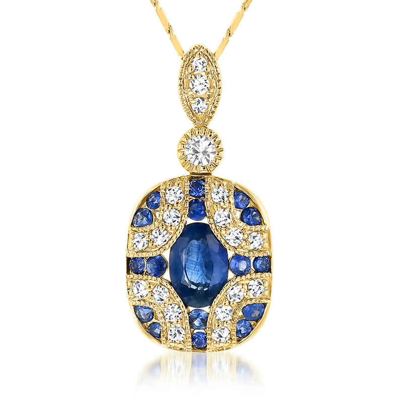 14kt yellow gold pendant necklace with round blue sapphire and diamond halo