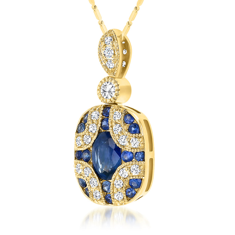 14kt yellow gold sapphire and diamond pendant necklace with blue center halo