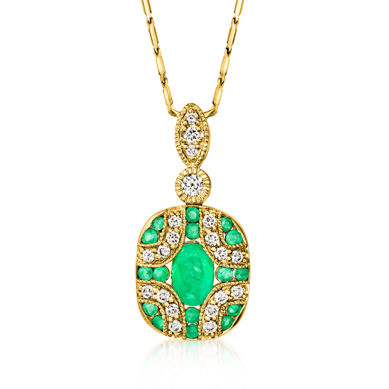 14k yellow gold pendant necklace with oval emerald-green gemstones and diamond accents