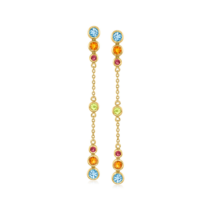 Linear drop earrings in gold tone with blue, orange, pink, and green gemstones