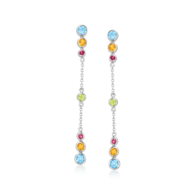 Sterling silver linear drop earrings with multicolor round gemstones and dangling chain