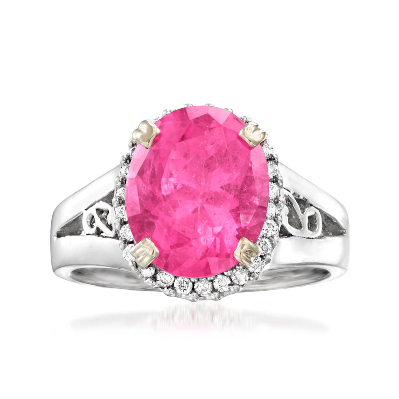 Vintage 14kt white gold ring with oval pink tourmaline and diamond accents