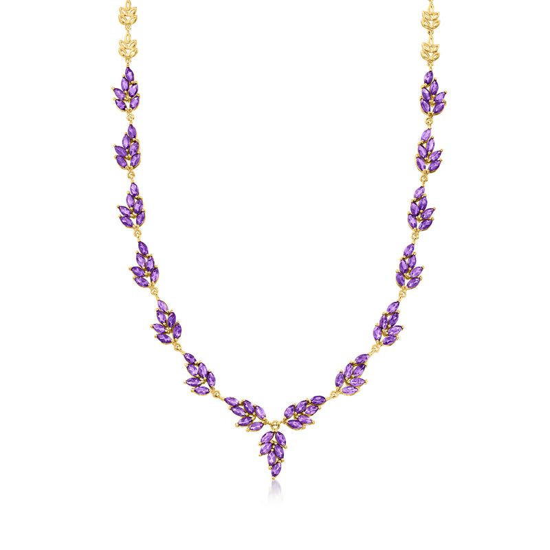 Amethyst floral necklace with marquise purple stones in gold over sterling setting