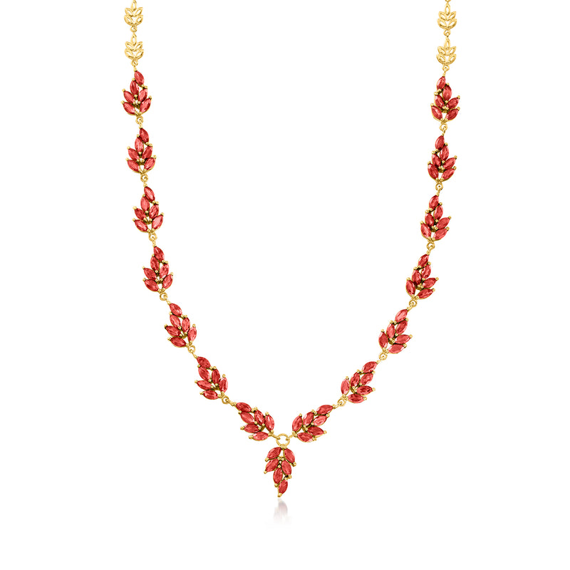 Leaf necklace with red garnet stones on 18k gold over sterling chain