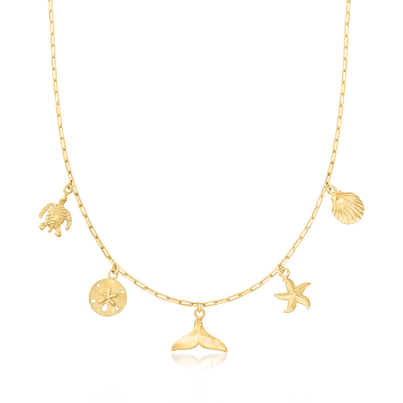 Gold over sterling sea life charm paper clip link necklace with turtle, shell, starfish