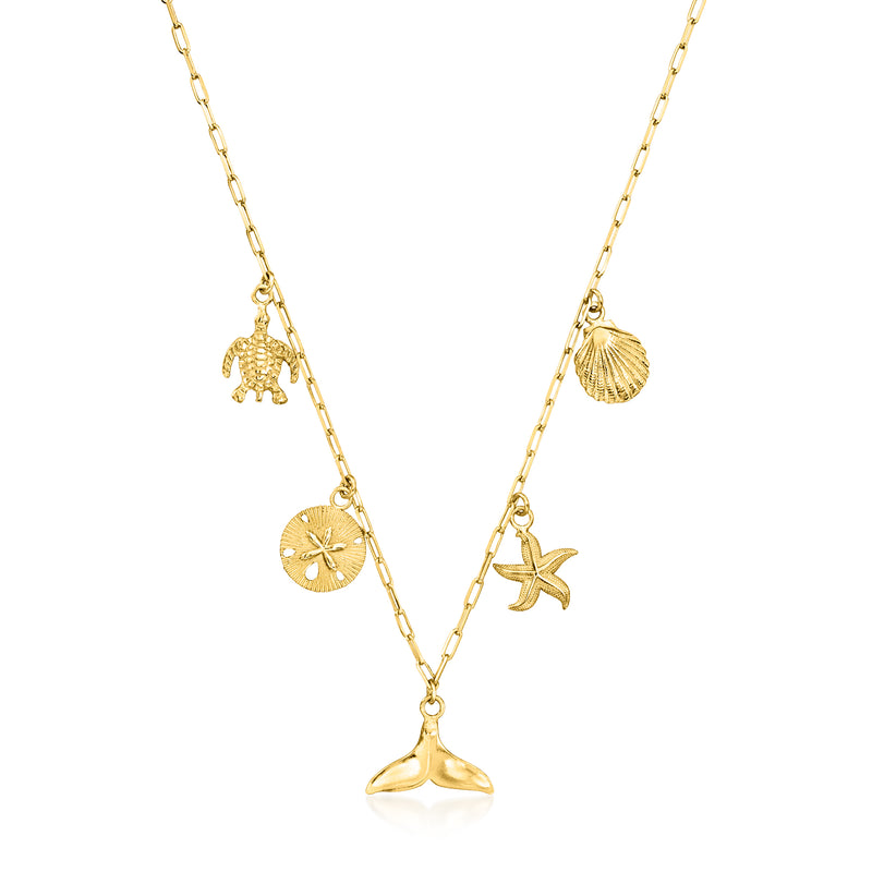 Gold over sterling sea life charm paper clip link necklace with seahorse, starfish, shell charms