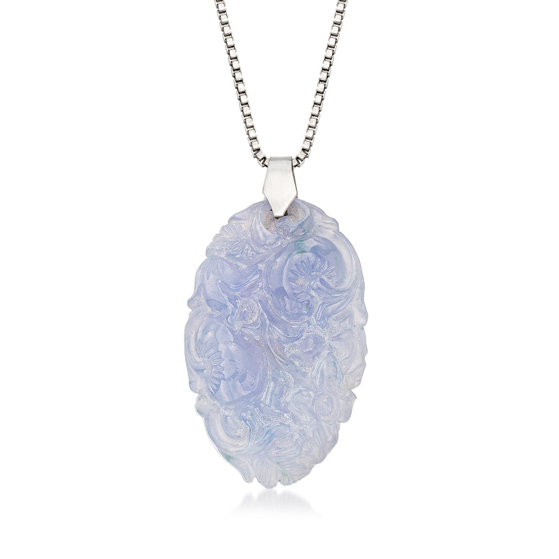 Lavender jade floral pendant necklace in white gold with oval carved drop