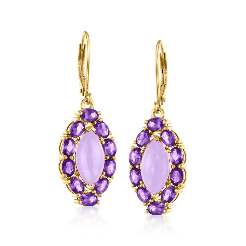 Lavender oval gemstone and purple amethyst drop leverback earrings in gold tone