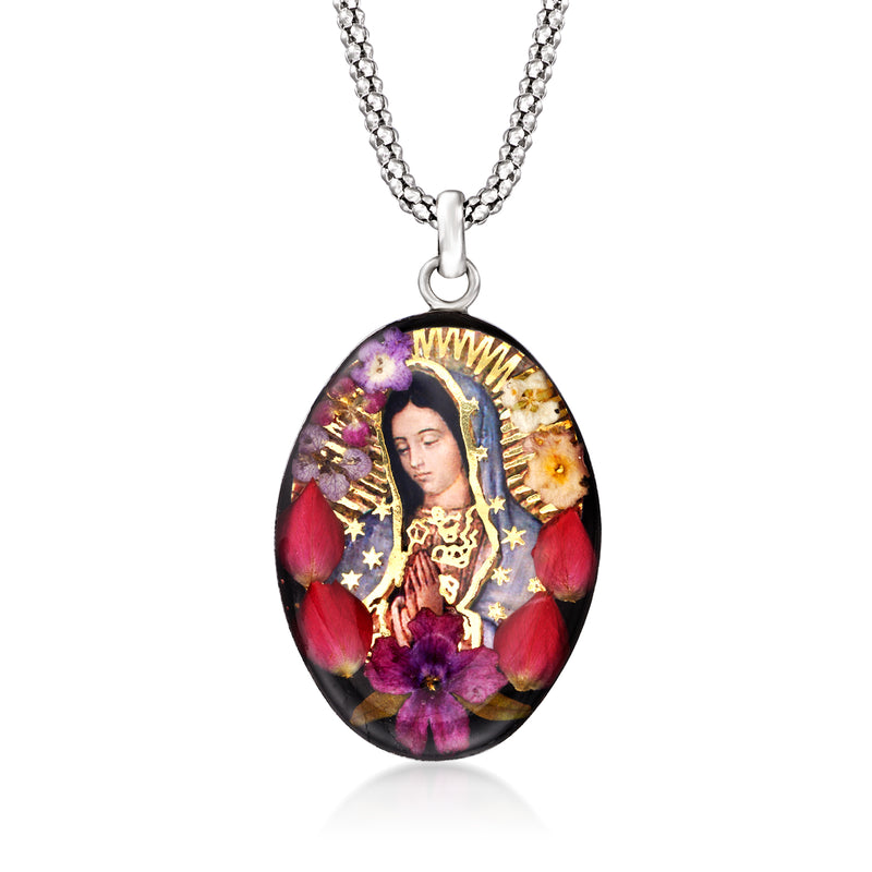 Sterling silver oval pendant necklace with Virgin Mary image and dried flowers