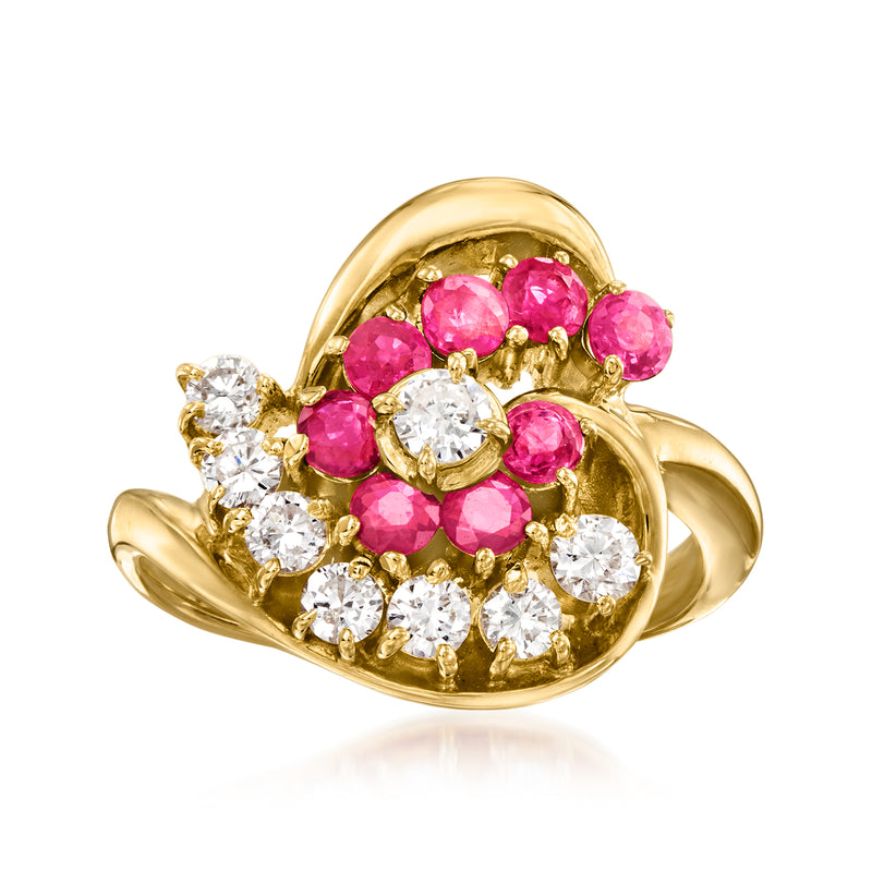 18k yellow gold swirl cocktail ring with pink rubies and round diamonds