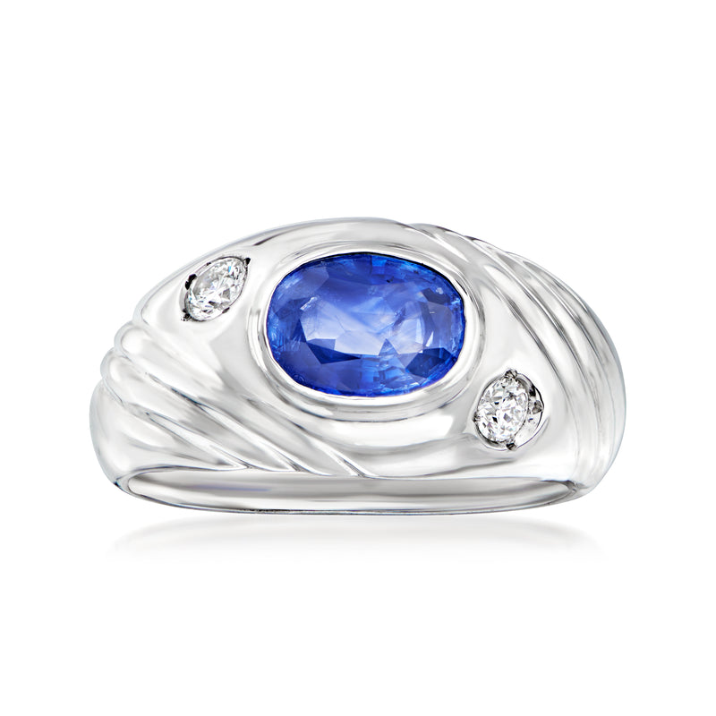 Vintage white gold sapphire and diamond ring with oval blue stone and 2 round diamonds