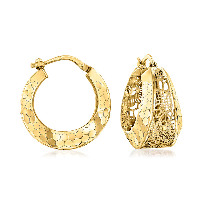 14kt yellow gold hoop earrings with floral filigree lattice pattern