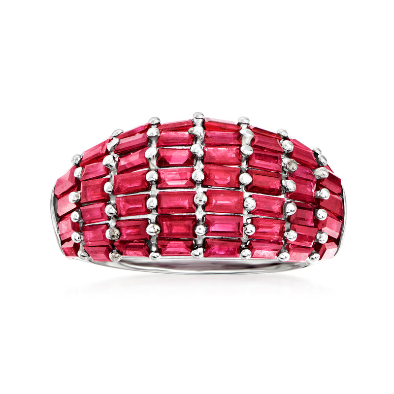 Vintage ruby dome ring in platinum, red cushion stones with prong-set sides