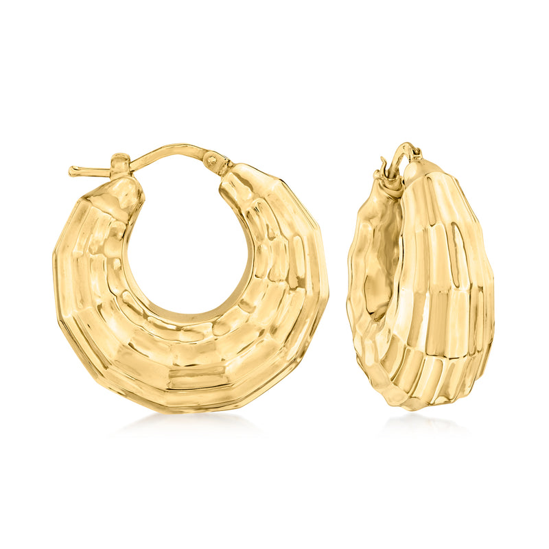 14kt yellow gold rectangular faceted hoop earrings, polished finish