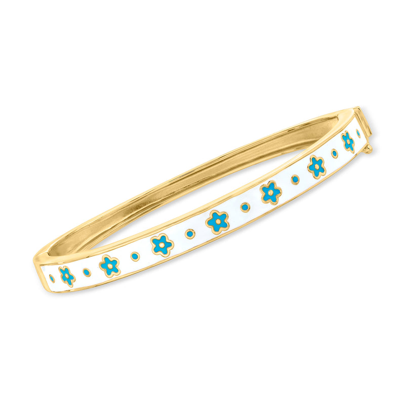 Gold-tone enamel flower bangle bracelet with blue and white motifs