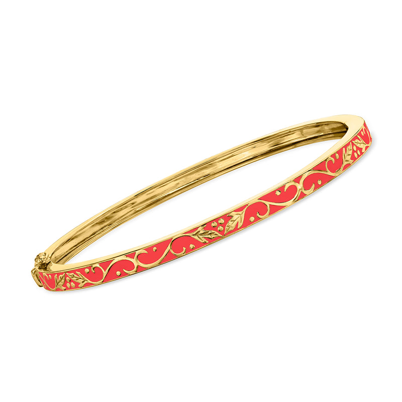 Gold over sterling bangle bracelet with pink enamel floral scroll inlay
