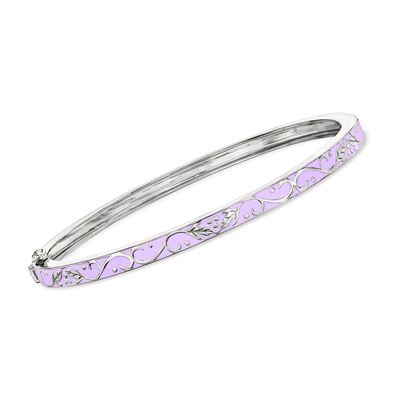 Sterling silver bangle with purple enamel and ornate scrolling pattern detail