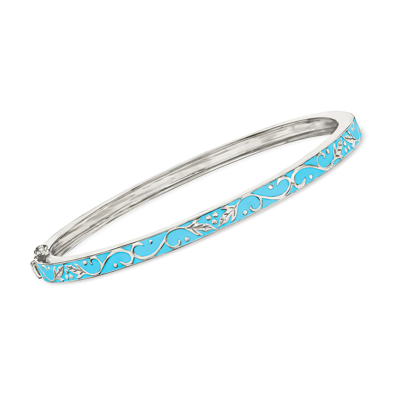 Sterling silver bangle bracelet with light blue enamel scroll pattern