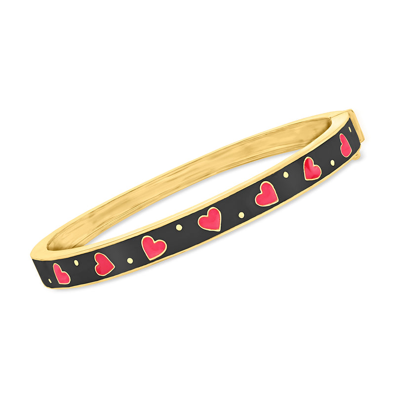 Gold-tone enamel heart bangle bracelet with red hearts on a black band