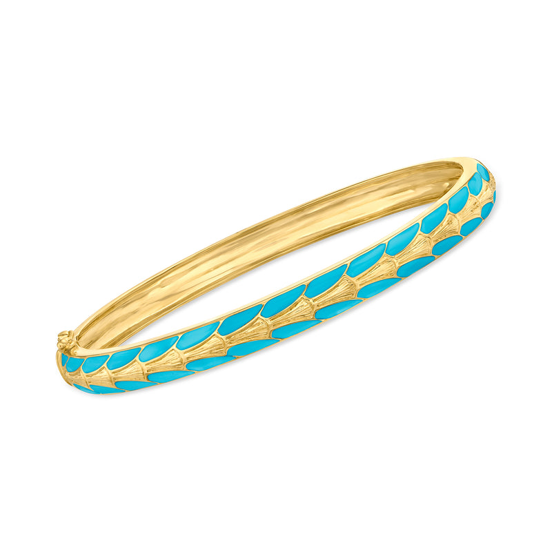Gold-tone enamel Art Deco bangle bracelet with blue geometric pattern