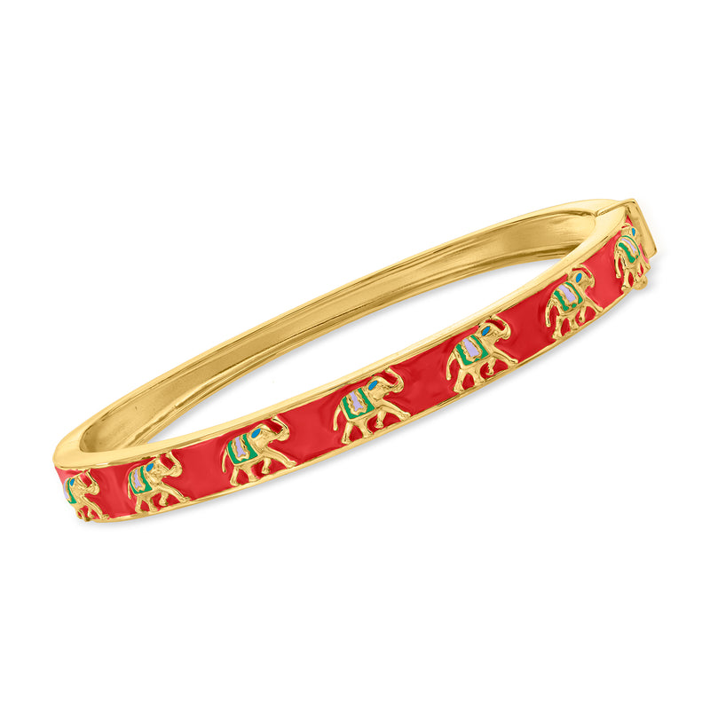 Gold-tone elephant enamel bangle with repeating multicolor elephant motifs on red band