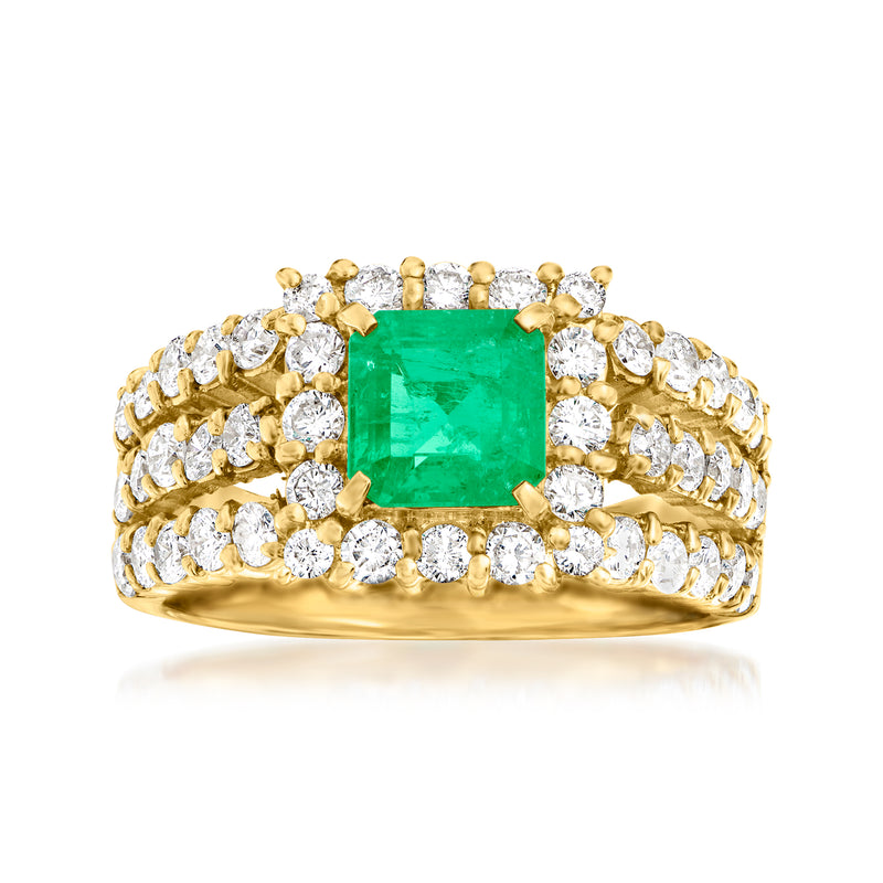 Vintage emerald-cut emerald and diamond ring in 18kt yellow gold, prong-set center