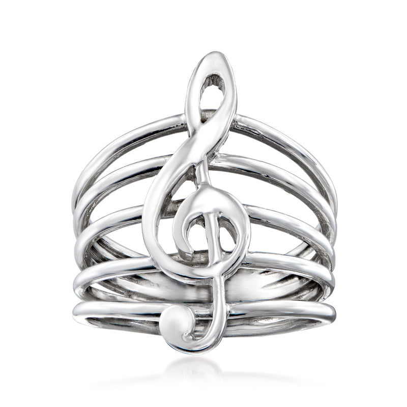 Italian sterling silver treble clef ring with swirling wire bands, polished finish