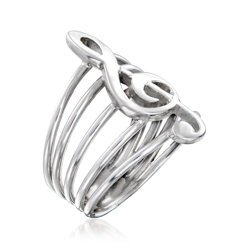Polished sterling silver treble clef ring with layered curved bands, side view