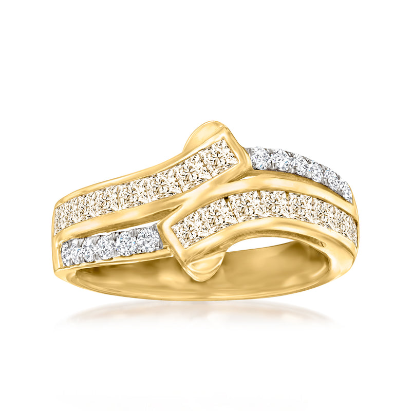 Two-row diamond ring in 14kt yellow gold with champagne and white stones