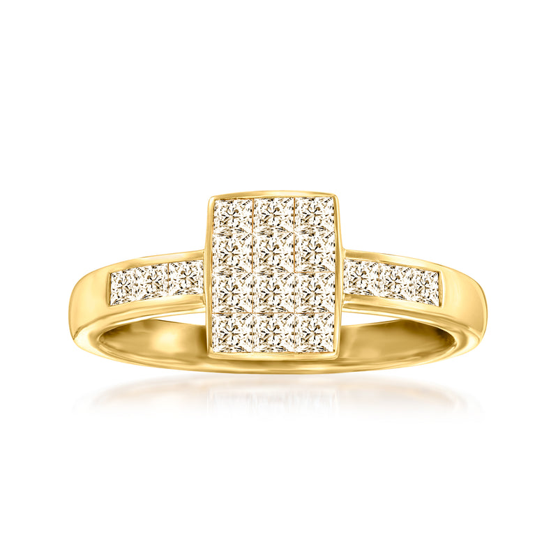 14k yellow gold rectangular diamond ring with square-cut center and side stones