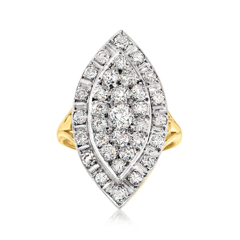 Vintage navette diamond ring in platinum and 18kt yellow gold