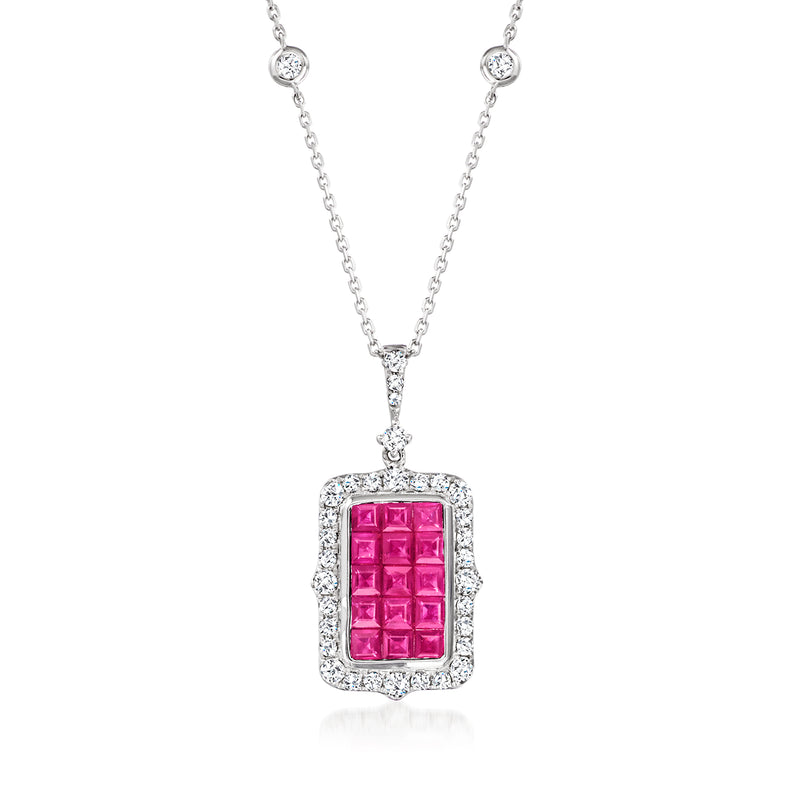 14kt white gold ruby and diamond pendant necklace, square ruby with diamond frame