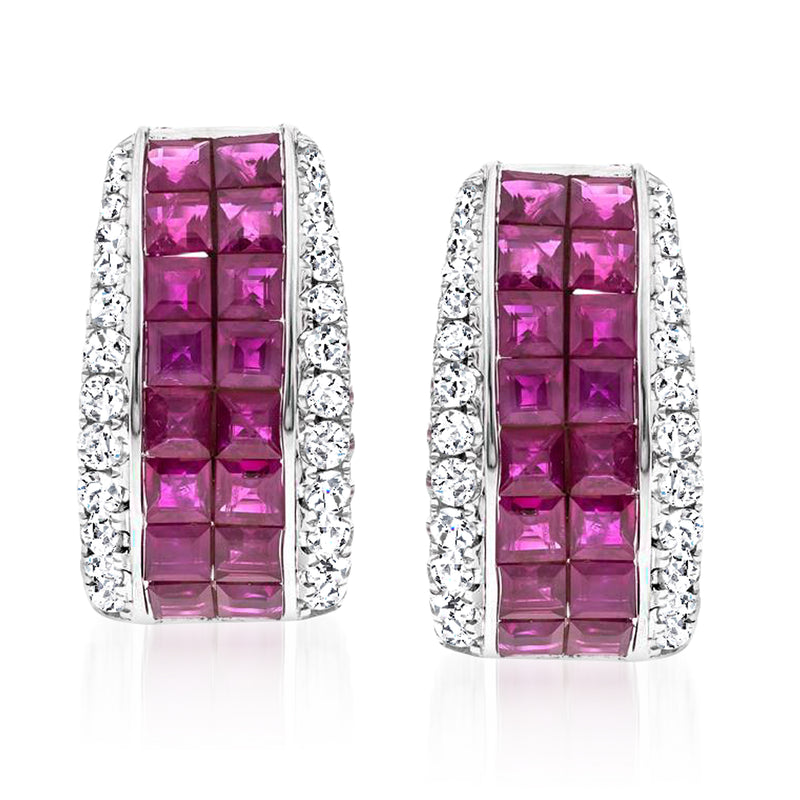 14kt white gold ruby and diamond curved stud earrings, pink cushion stones with halo