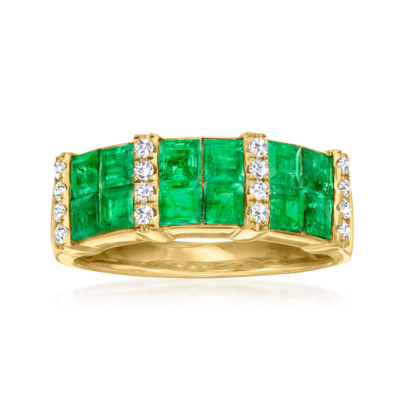 14kt yellow gold ring with green emerald-cut stones and white diamond accents