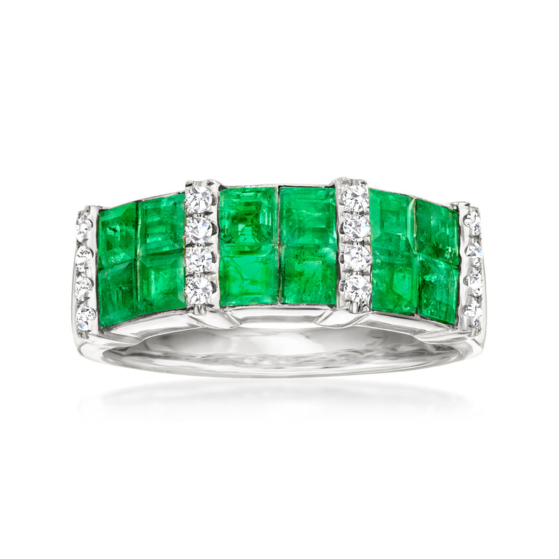 14kt white gold ring with green emerald-cut stones and diamond accents