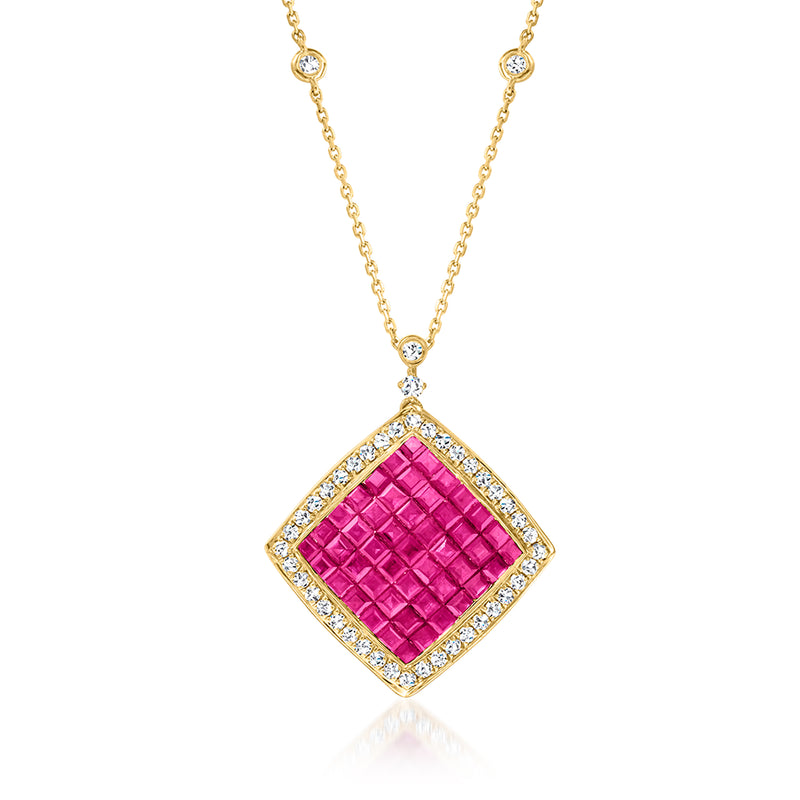 14kt yellow gold square pendant with pink ruby center and diamond border, on chain