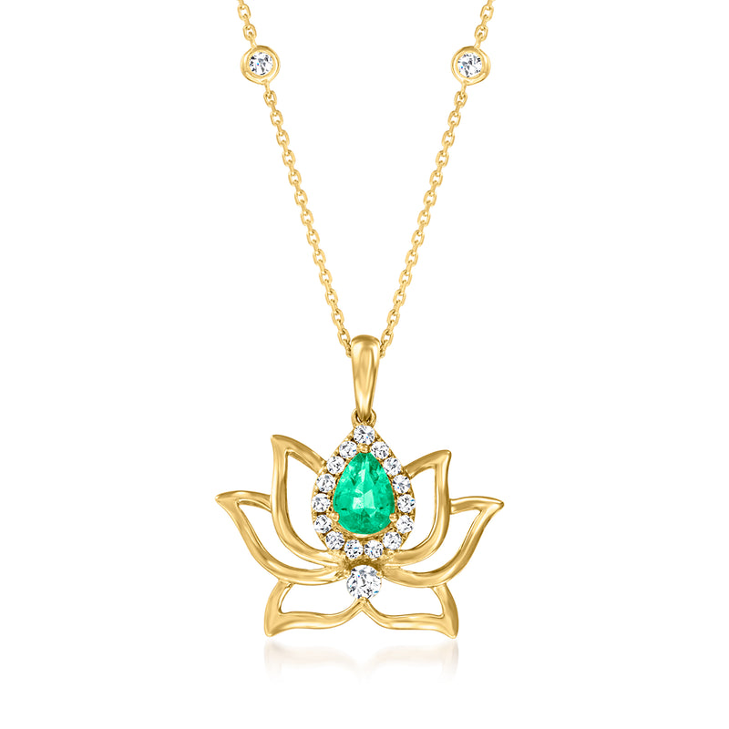 14kt yellow gold lotus pendant necklace with emerald teardrop center and diamond accents