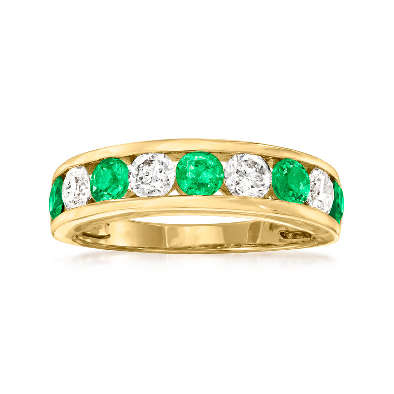 14kt yellow gold ring with green emeralds and round white diamonds, polished band