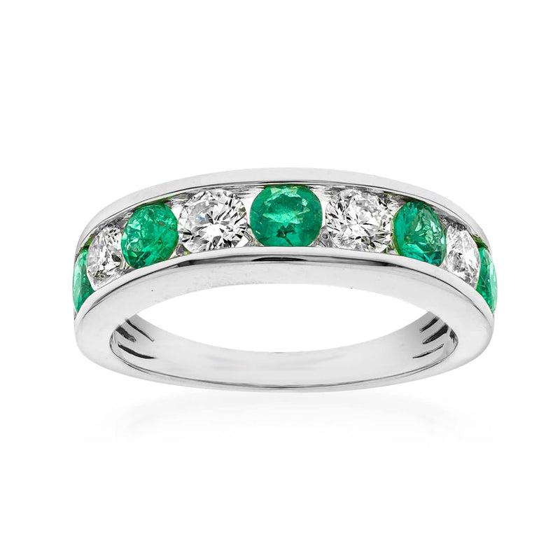 14kt white gold emerald and diamond ring with green oval stones and round diamonds